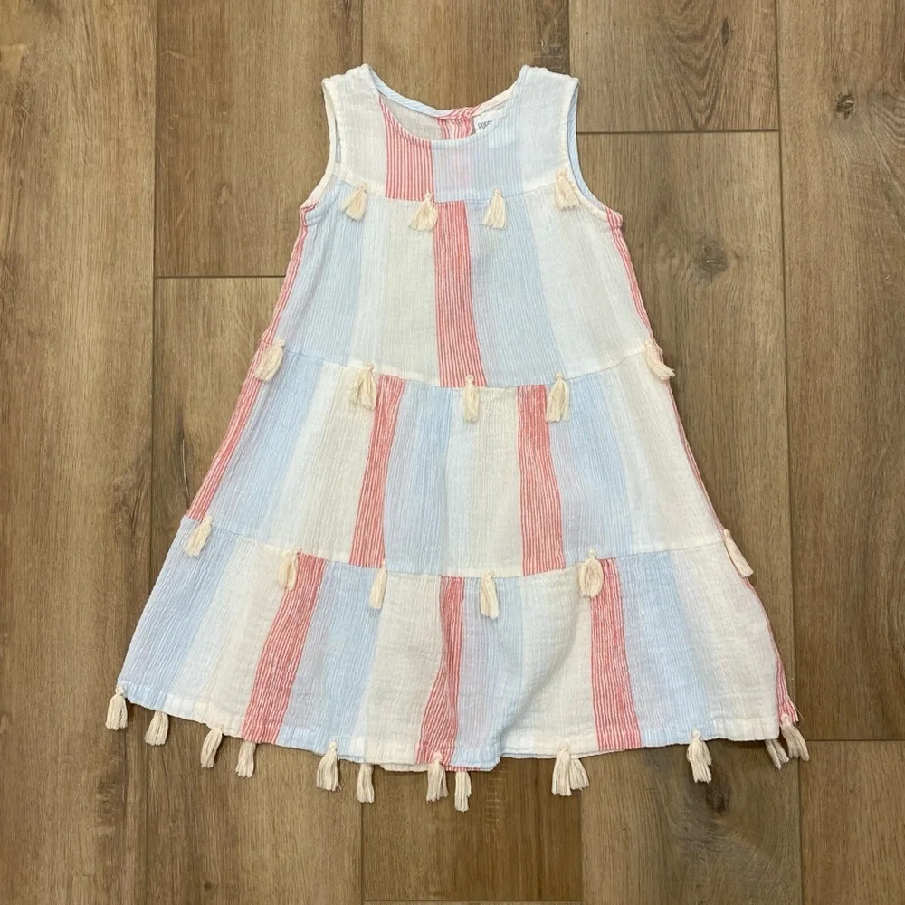 🌟POPPET AND FOX🌟 GIRLS TIERED GAUZE STRIPED DRESS WITH TASSELS SZ 6